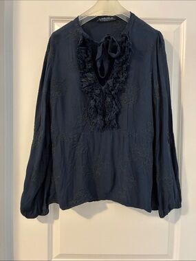 Sandro Ferrone Embroidered Tie Front Blouse Boho Romantic Top Navy